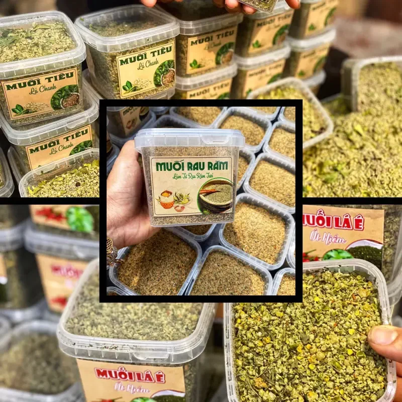 Muối tiêu lá chanh 300gr / Muối rau răm 300gr / Muối lá é ớt hiểm 300gr / Muối ớt xiêm xanh rang khô 500gr