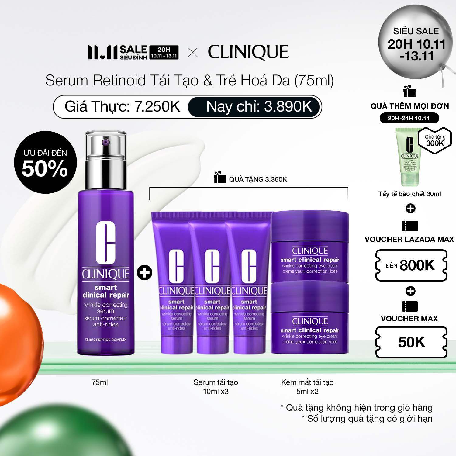 [Độc quyền 20h 10-13.11] Serum Retinoid tái tạo và trẻ hoá da Clinique Smart Clinical Repair Wrinkle