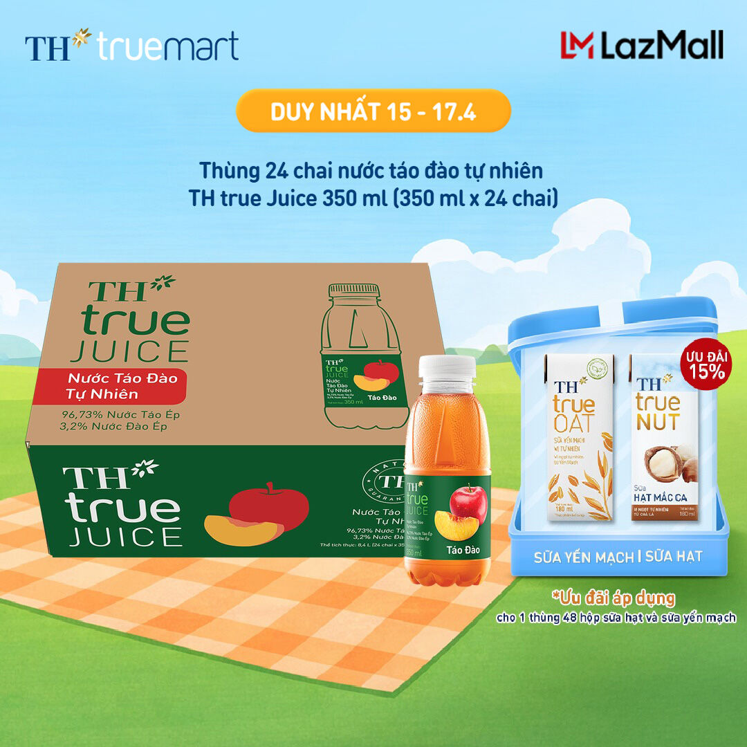 Thùng 24 chai nước trái cây TH true JUICE táo đào tự nhiên 350 ml (350 ml x 24)