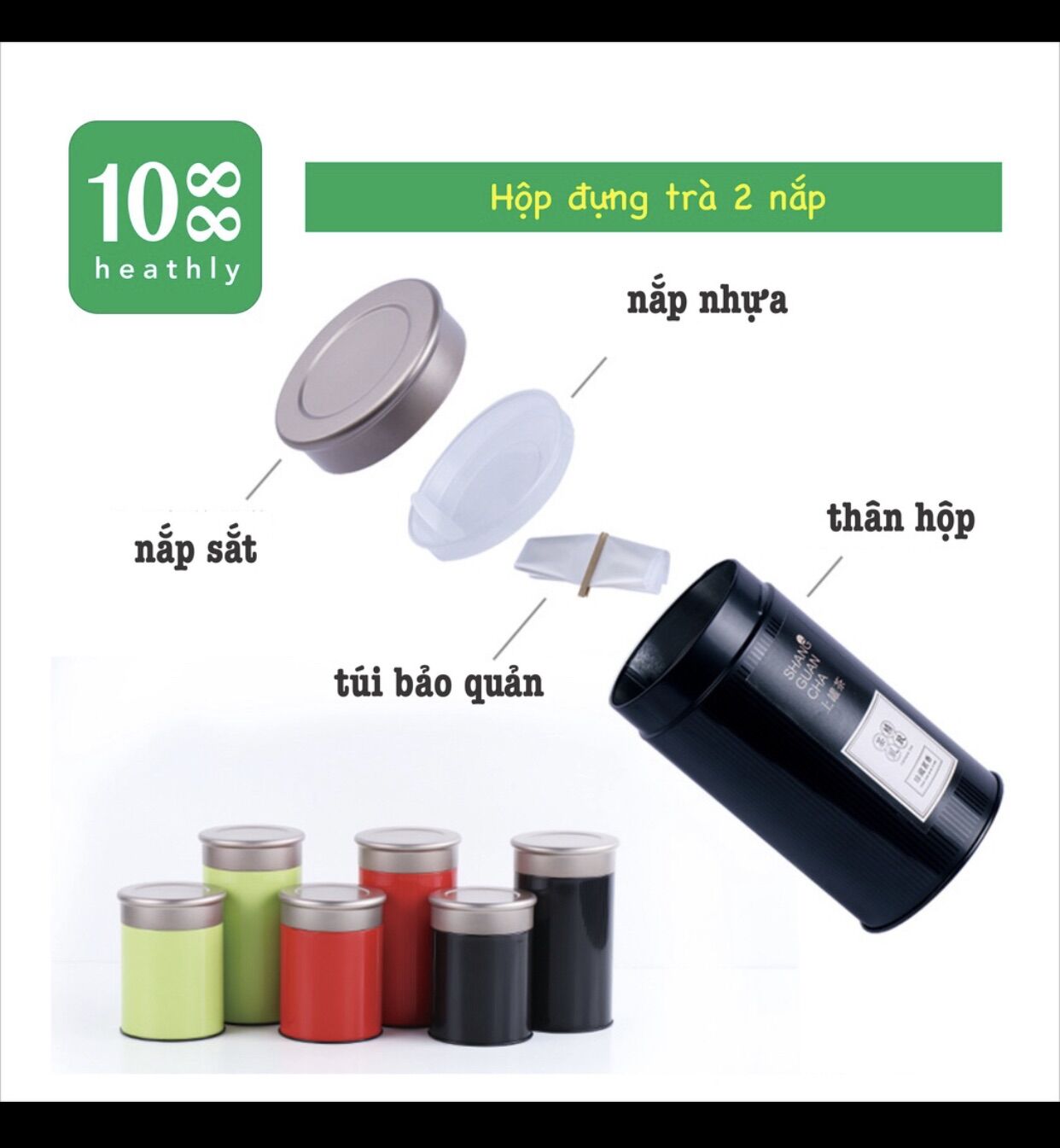Hộp đựng 2 nắp đựng trà, đồ khô kín chống ẩm mốc tốt