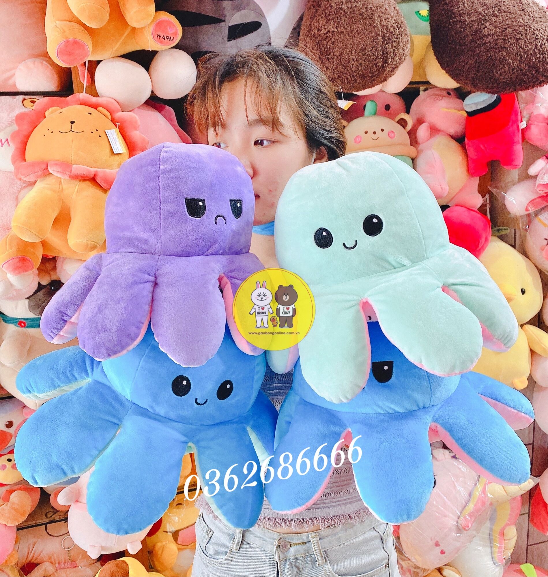 Gấu bông bạch tuộc cảm xúc 2 mặt màu mới kích thước 25-40cm