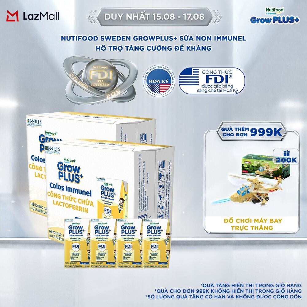 Combo 2 Thùng 24 Hộp Sữa Bột Pha Sẵn Nutifood Sweden GrowPLUS+ Sữa Non Immunel hộp 110 ml (Bao bì tuỳ lô hàng)