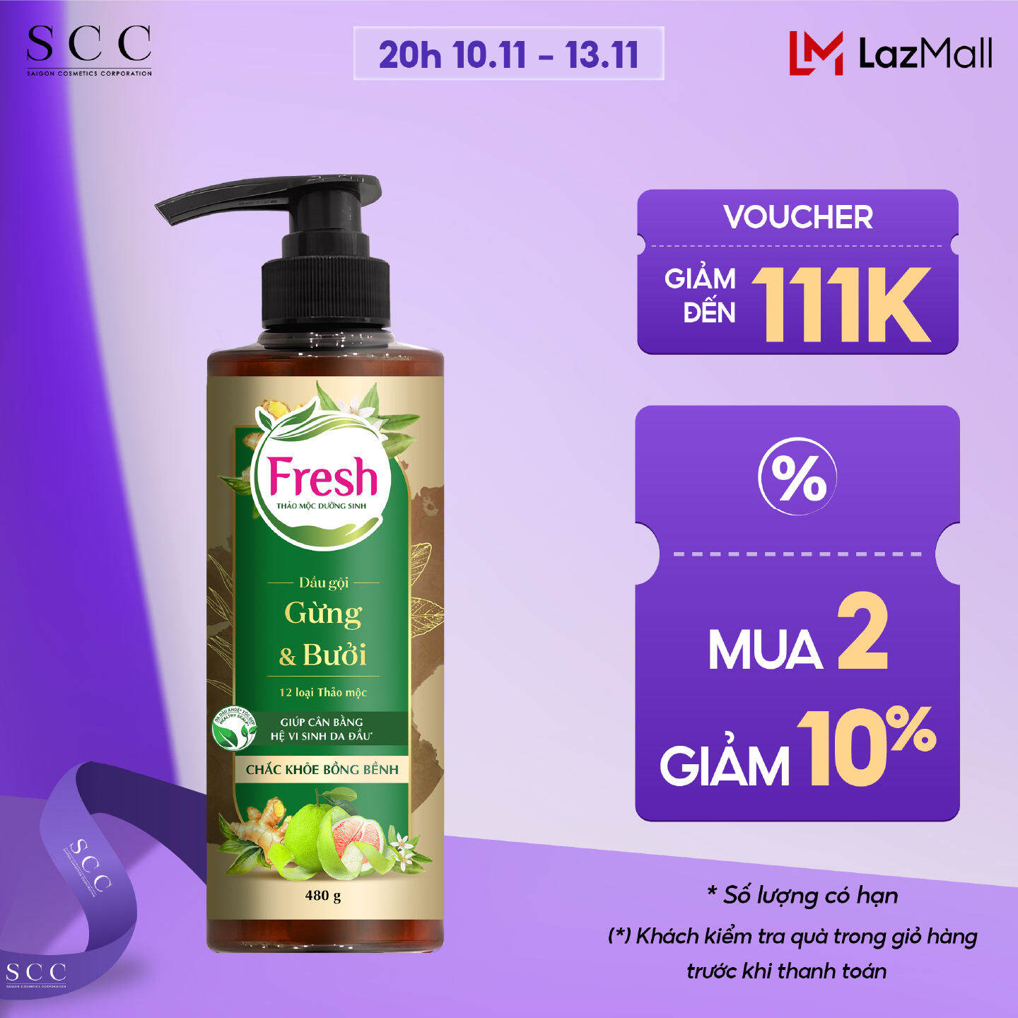 Dầu gội Fresh Thảo mộc dưỡng sinh Chắc khỏe bồng bềnh 480g/chai