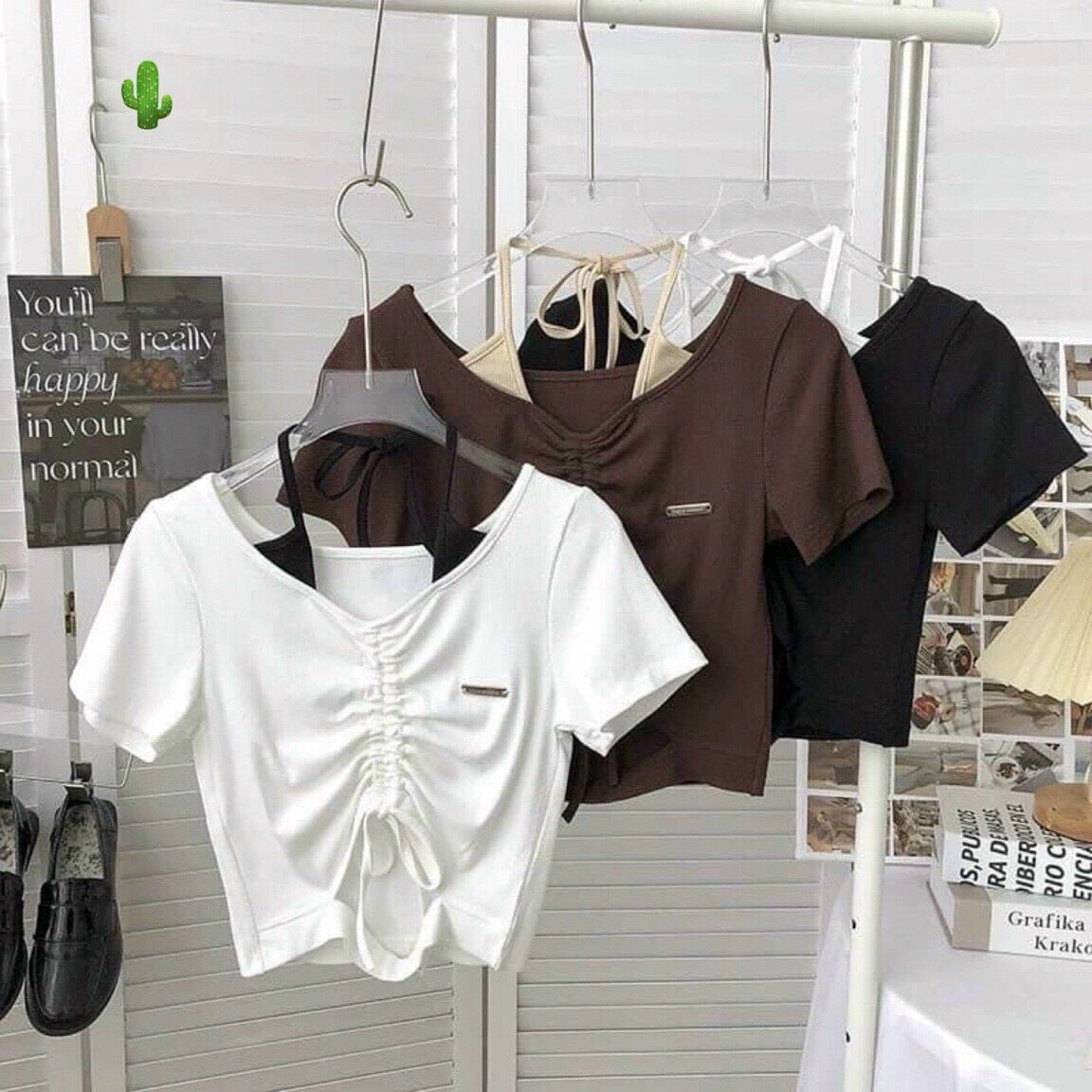 Áo croptop rút dây có dây yếm eo cực chất