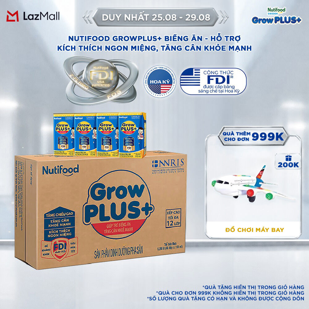Thùng Sữa Bột Pha Sẵn Nutifood GrowPLUS+ Biếng Ăn 110ml - Hỗ Trợ Kích Thích Ngon Miệng, Tăng Cân Khỏe Mạnh - Trên 2 Tuổi (48 Hộp x 110ml)