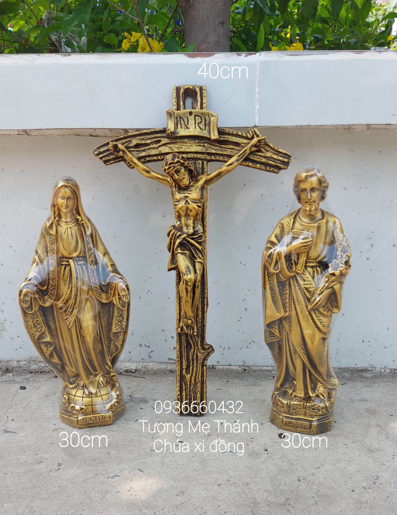 Bộ 3 tượng công giáo Đức Mẹ Thánh Giuse 30cm thánh giá Chúa chịu nạn 40cm chất liệu composite