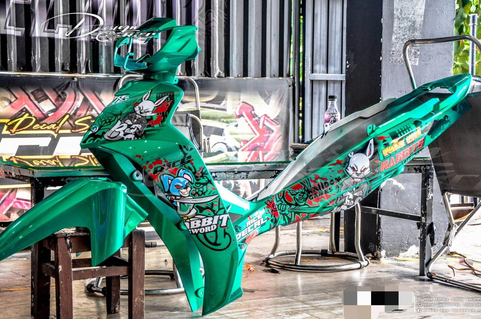 Tem rời xe sirius xanh thỏ rabbits, tem chế 3 lớp không bay màu