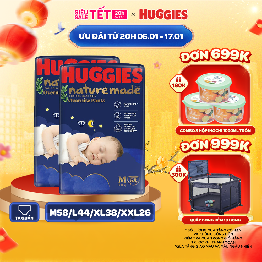 Combo 2 Tã quần Huggies Naturemade ban đêm M58/L44/XL38/XXL26