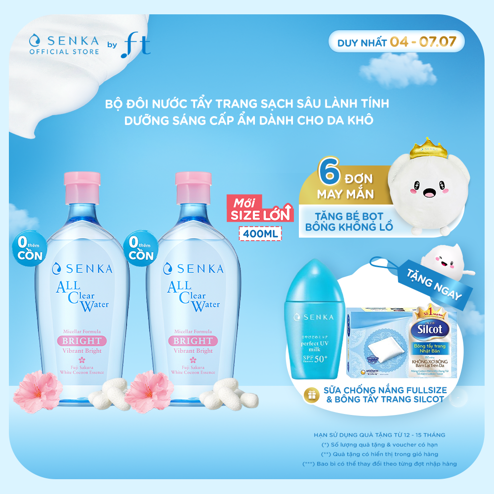 Bộ đôi Nước tẩy trang micellar dưỡng sáng cấp ẩm SENKA A.L.L. CLEAR WATER MICELLAR FORMULA BRIGHT N 400MLX2