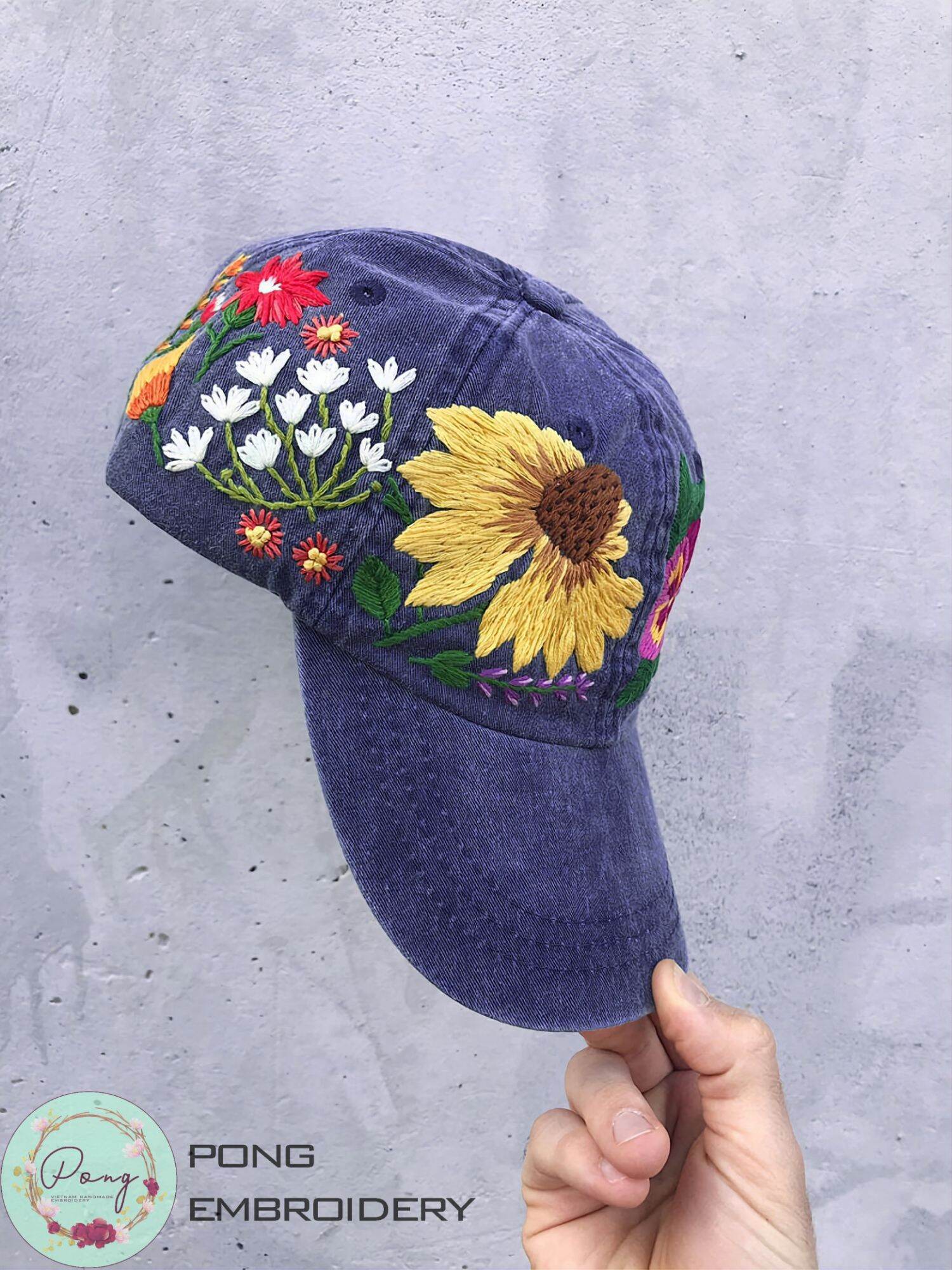 Mũ Lưỡi Trai Màu Xanh Jean Nữ Nam - Nón Kết Thêu Tay Thủ Công Độc Đáo Full Họa Tiết