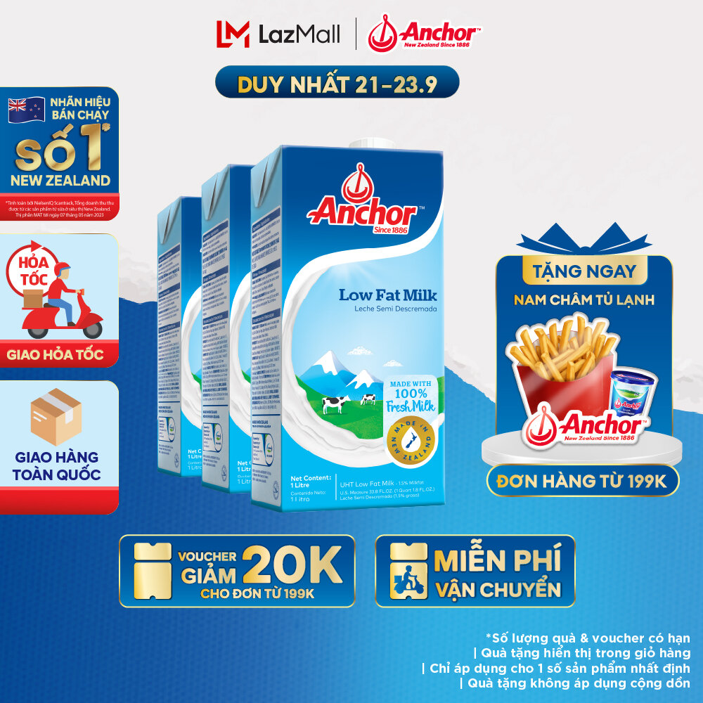 [GIAO HÀNG HỎA TỐC - HCM] Combo 3 Sữa Tươi Tiệt Trùng Anchor Ít Béo Hộp 1 Lít