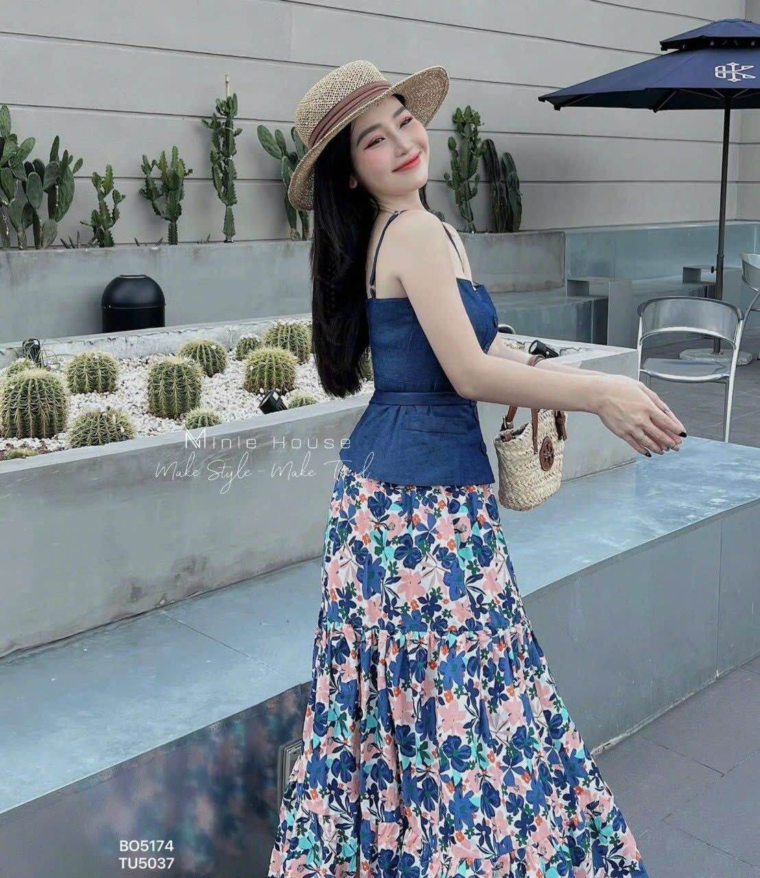 Áo jean 2 dây phối chân váy hoa dáng dài kèm nịt/sét áo jean denim 3 chi tiết