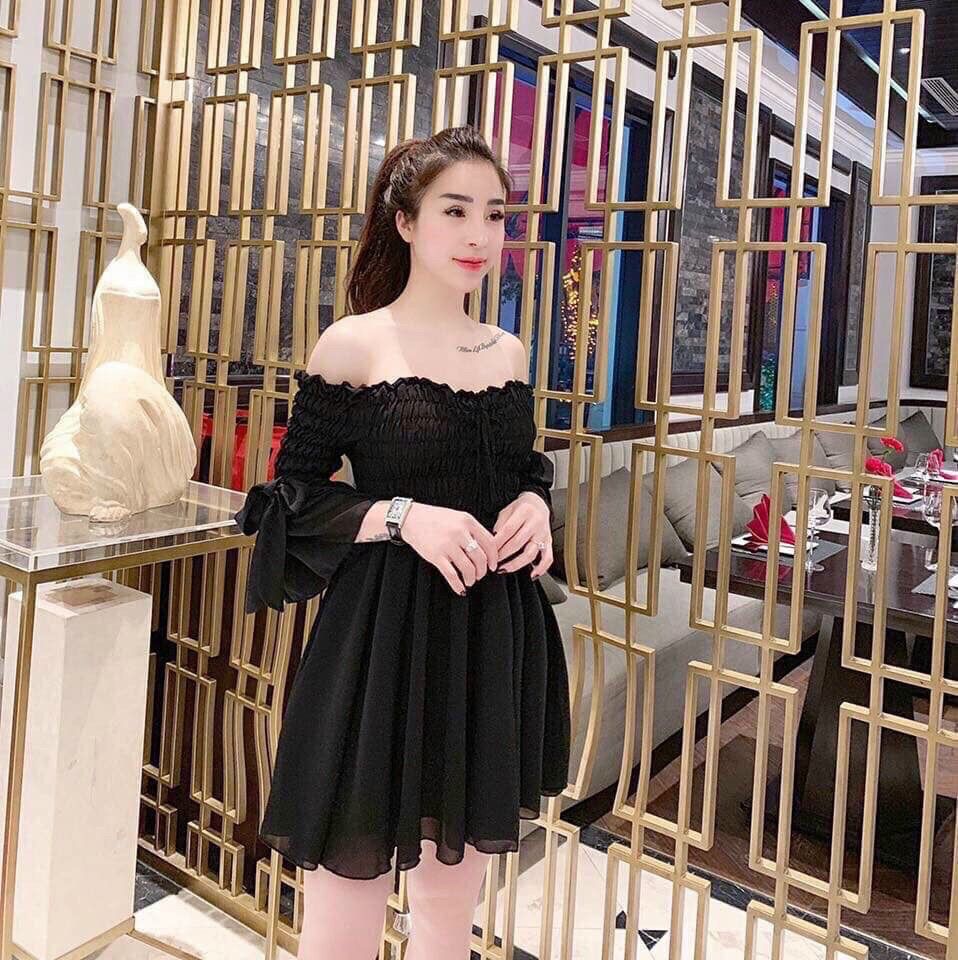 Đầm tiểu thư nhún cột nơ ở tay xinh đẹp