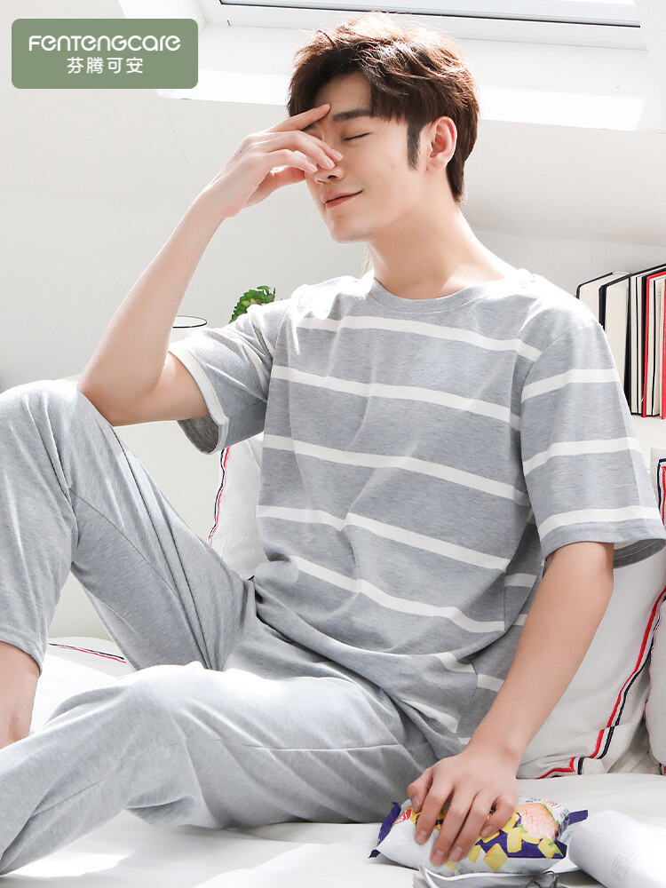 Bộ Đồ Ngủ Nam Fentan Cotton Nguyên Chất Mùa Hè Tay Ngắn Quần Dài Mặc Ngoài Trời Quần Áo Mặc Nhà Thường Ngày Cỡ Lớn