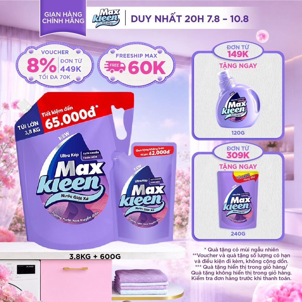 Combo Nước giặt xả MaxKleen Hương Nước Hoa Huyền Diệu: 1 Túi 3.8kg + 1 Túi 600g