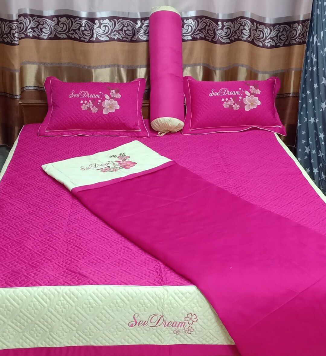Bộ Chăn Ga Gối SaTin 5 Món Cao Cấp( 1 Chăn, 1 Drap, 2 Vỏ Gối Nằm, 1 Vỏ Gối Ôm)