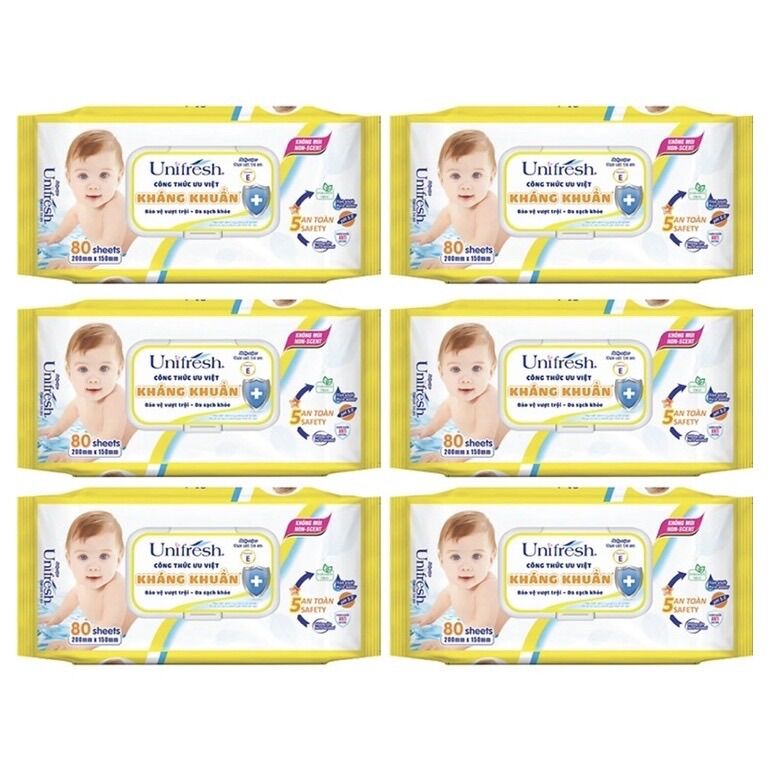 Combo 6 Khăn Ướt Unifresh Không Mùi Vitamin E, Nha Đam 80M (80 Miếng)