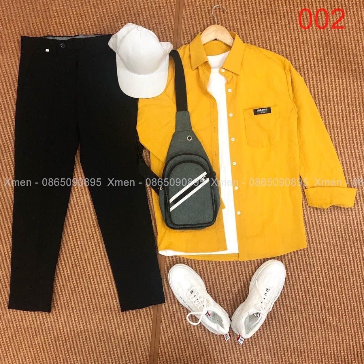 Set đồ nam áo sơ mi vàng+ quần âu đen phong cách trẻ trung