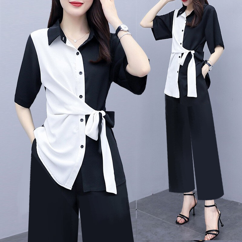 Set bộ áo sơ mi phối trắng đen cột nơ eo và quần - Set công sở
