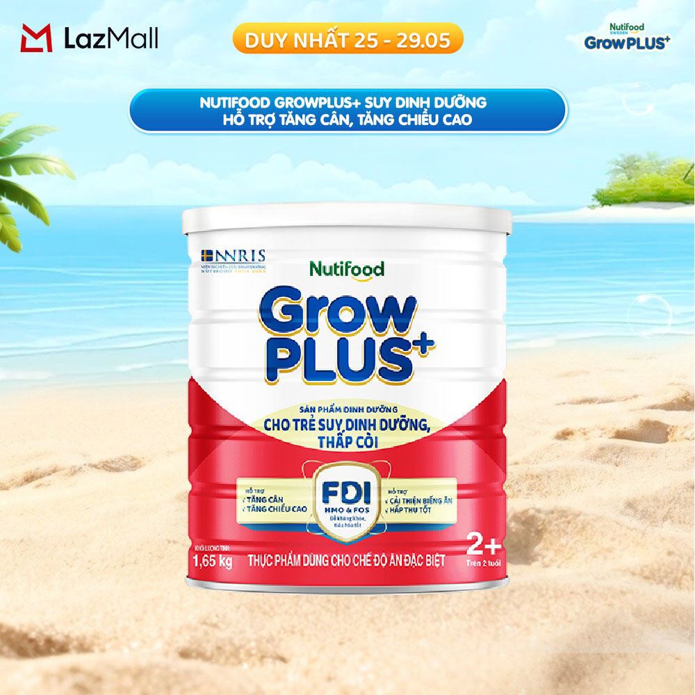 Sữa bột Nutifood GrowPLUS+ Suy Dinh Dưỡng (Đỏ) 2+ - Hỗ trợ tăng cân, tăng chiều cao (Lon 1,65 Kg)