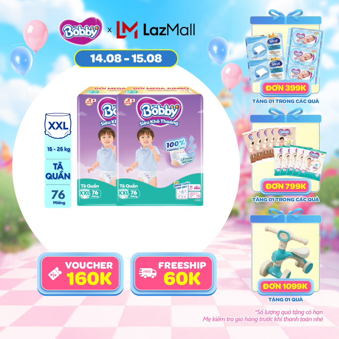[12-14.08 QUÀ TO] Combo 2 Tã/bỉm quần Bobby 3mm Mega Jumbo Siêu khô thoáng XXL76 [Bao bì thay đổi theo từng đợt nhập hàng]
