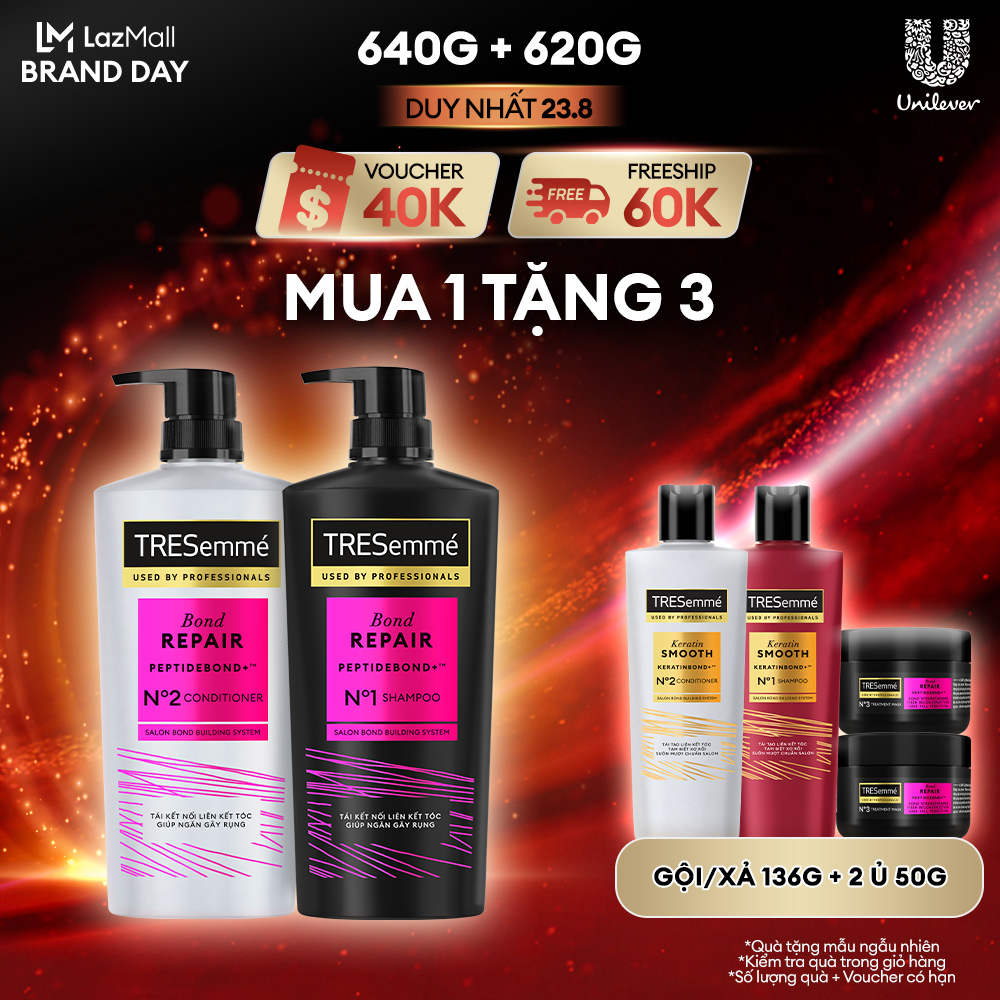 Combo Dầu Gội, Dầu Xả TRESemmé Bond Repair Peptidebond+ 640g, 620g Cho Tóc Hư Tổn Do Tạo Kiểu Giúp Ngăn Gãy Rụng