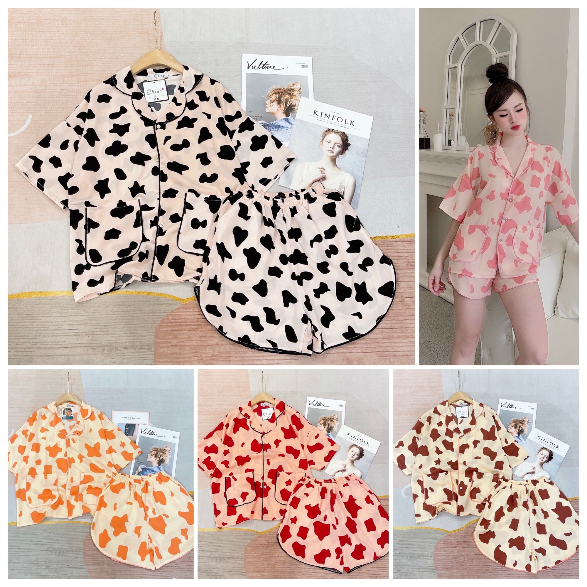 Đồ ngủ nữ cánh dơi/ pijama bộ đùi cánh dơi hoạ tiết bò sữa
