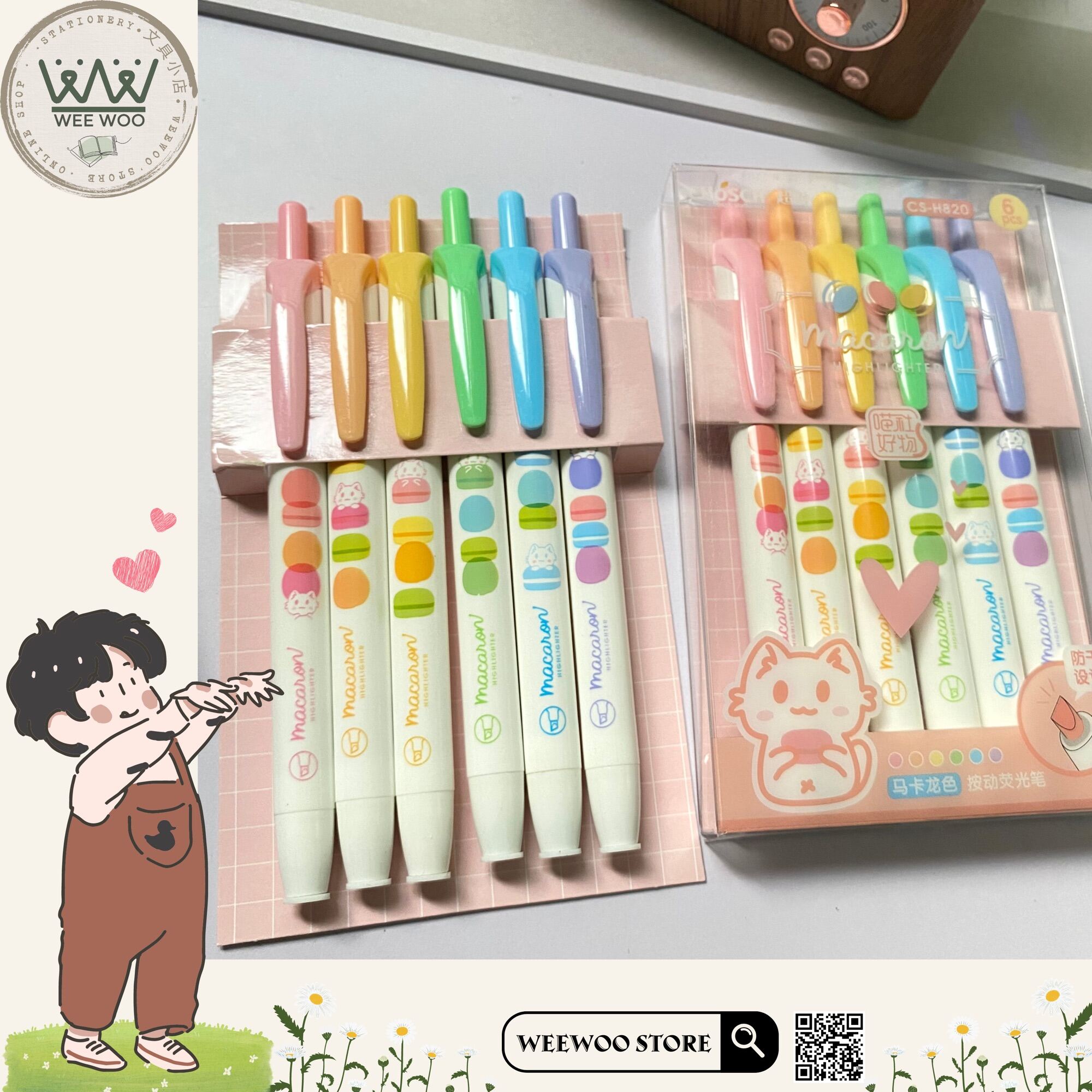 Set 6 cây bút highlight dạng bấm tone màu Macaron dễ thương- WeeWoo Store