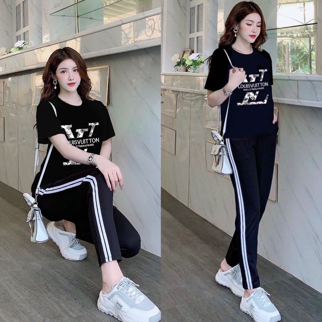 Set bộ dài thể thao thun cotton logo kí tự thêu