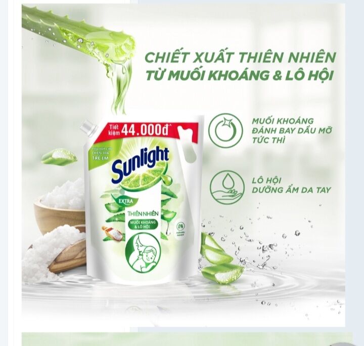 Nước rửa chén Sunlight Thiên nhiên Lô hội & Muối khoáng túi 3.4kg
