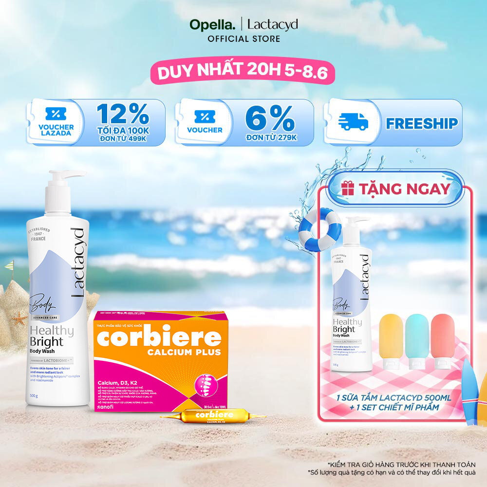 Bộ 1 Sữa tắm Lactacyd Healthy Bright làm đều màu da, mang lại làn da sáng khỏe, rạng rỡ và tự tin + 1 Thực phẩm bảo vệ sức khỏe Corbiere Calcium Plus Mới - Canxi hữu cơ + D3 + K2