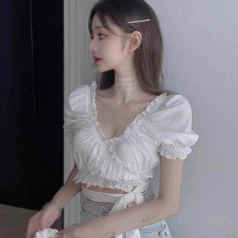[HCM]Áo kiểu nữ form croptop chất kate lụa nhún dây cột eo