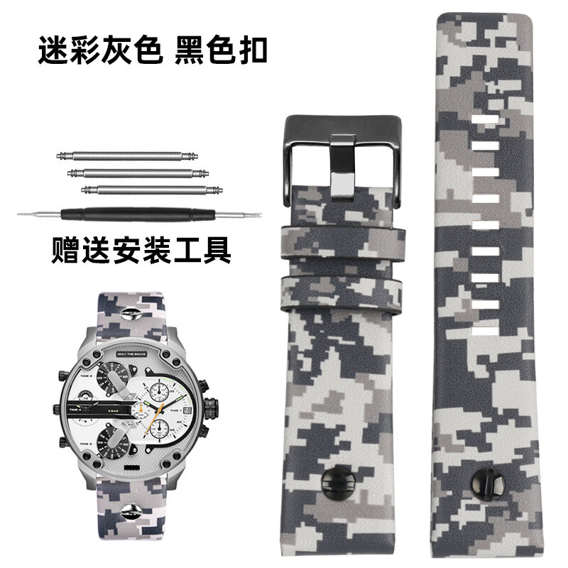 Đồng Hồ Nam Bằng Da Thật Diesel Thay Thế Dây Đeo 24 26 28mm DZ7311 DZ7401 Camouflage Grey Watch Band