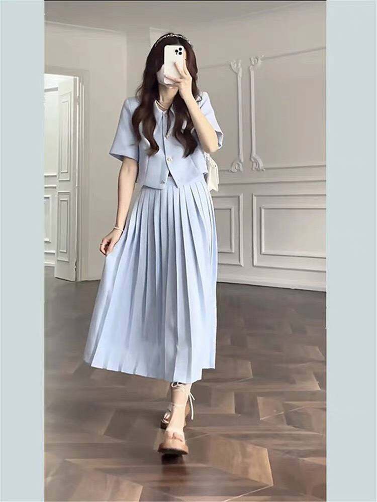 SET ÁO XANH CỔ SƠ MI + CHÂN VÁY DẬP LY