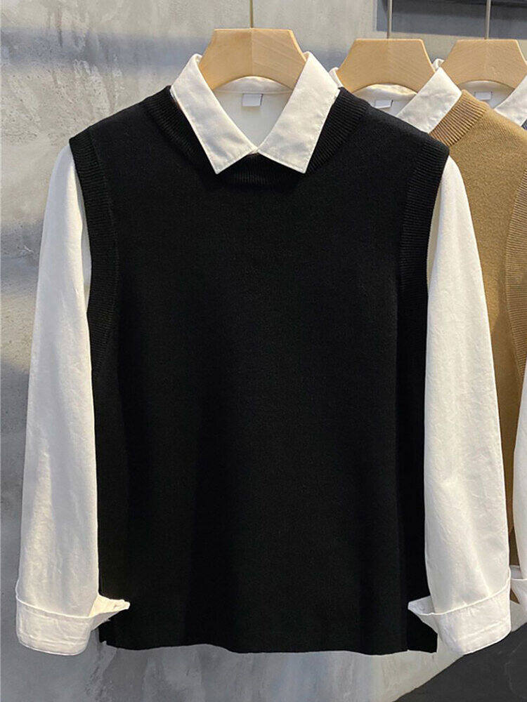 Nam Áo Len Dệt Kim Và Áo Sơ Mi Dài Tay Lông Cừu Bộ Hai Mảnh Lót Được Mùa Thu Thời Trang, Sành Điệu Cổ Tròn Áo Dành Cho Thanh Thiếu Niên Và Người Lớn Trẻ