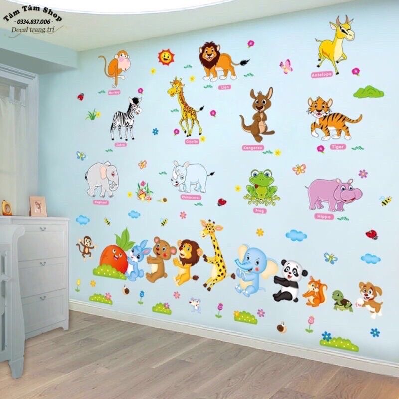 Combo 2 tranh decal dán tường cho bé khủng long và thú
