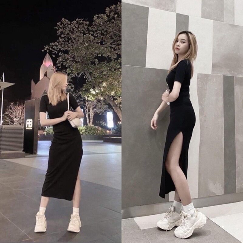 Đầm Ôm Body Xẻ Tà Tôn Dáng màu đen