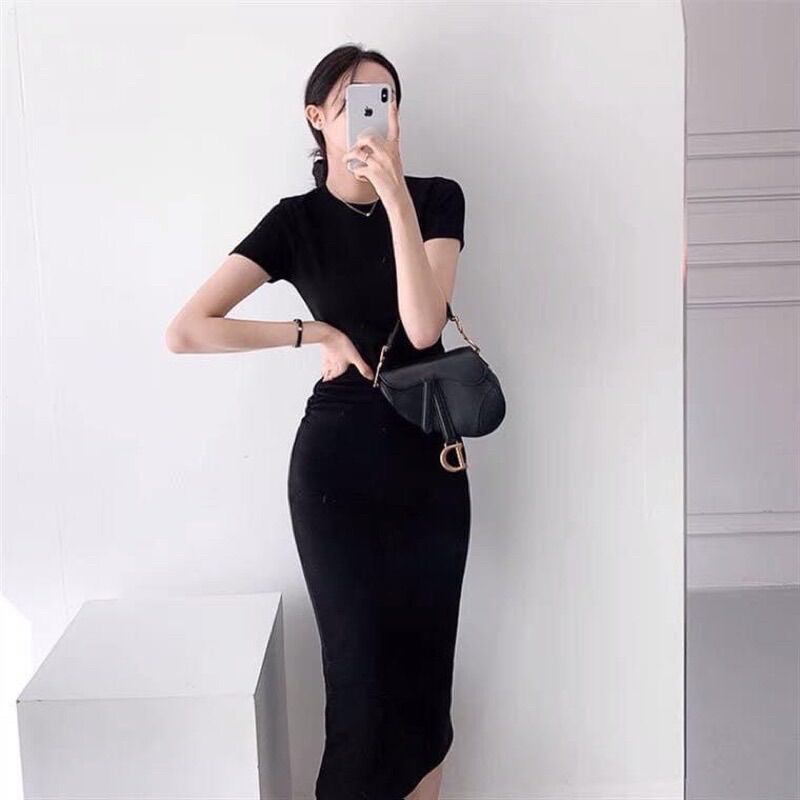Váy body cổ tròn nhún eo tay cộc Sam-collection[freeship]