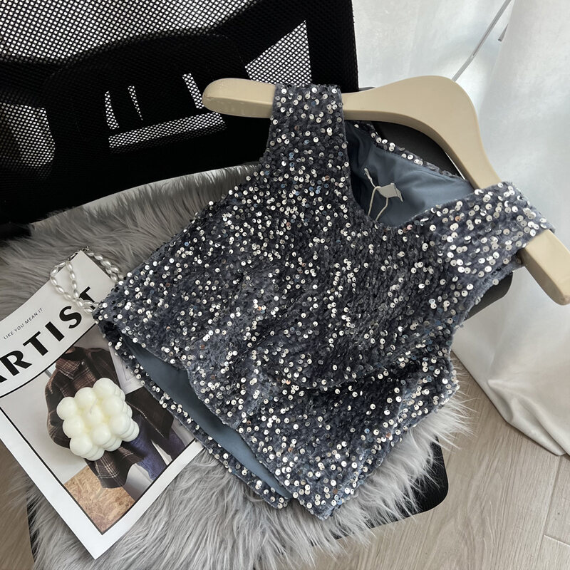 Áo Phông Ba Lỗ Kim Sa Áo Mẫu Ngắn Cổ Tròn Bling Lấp Lánh Dáng Gầy Rộng Rãi Phong Cách Hàn Quốc Mẫu Mới Mùa Thu 2023 Cho Nữ Sành Điệu