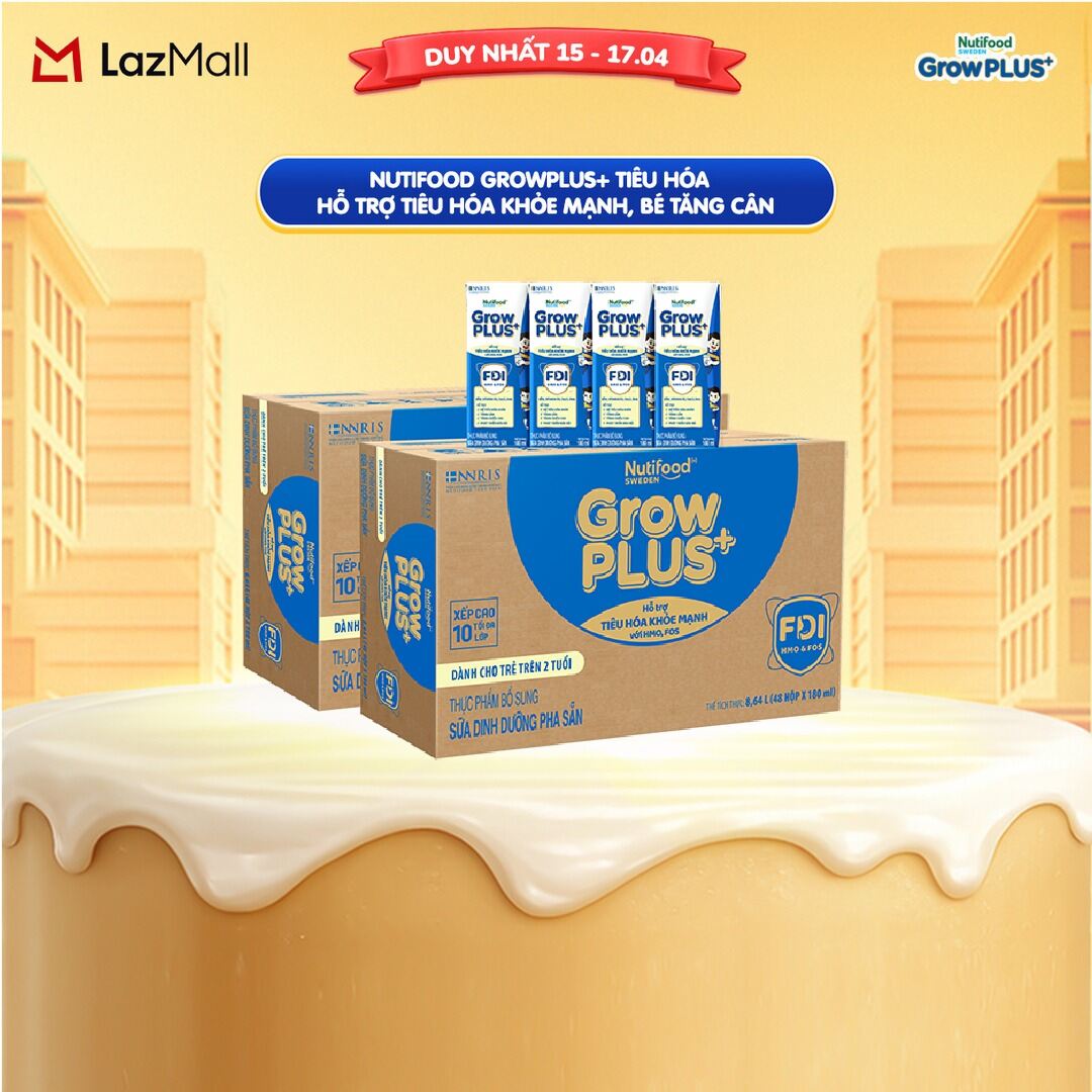 Combo 2 Sữa bột pha sẵn Nutifood Sweden GrowPLUS+ Tiêu Hóa (Xanh Nhạt) 2+ - Hỗ trợ tiêu hóa khỏe mạnh, bé tăng cân (48 hộp x 180ml)