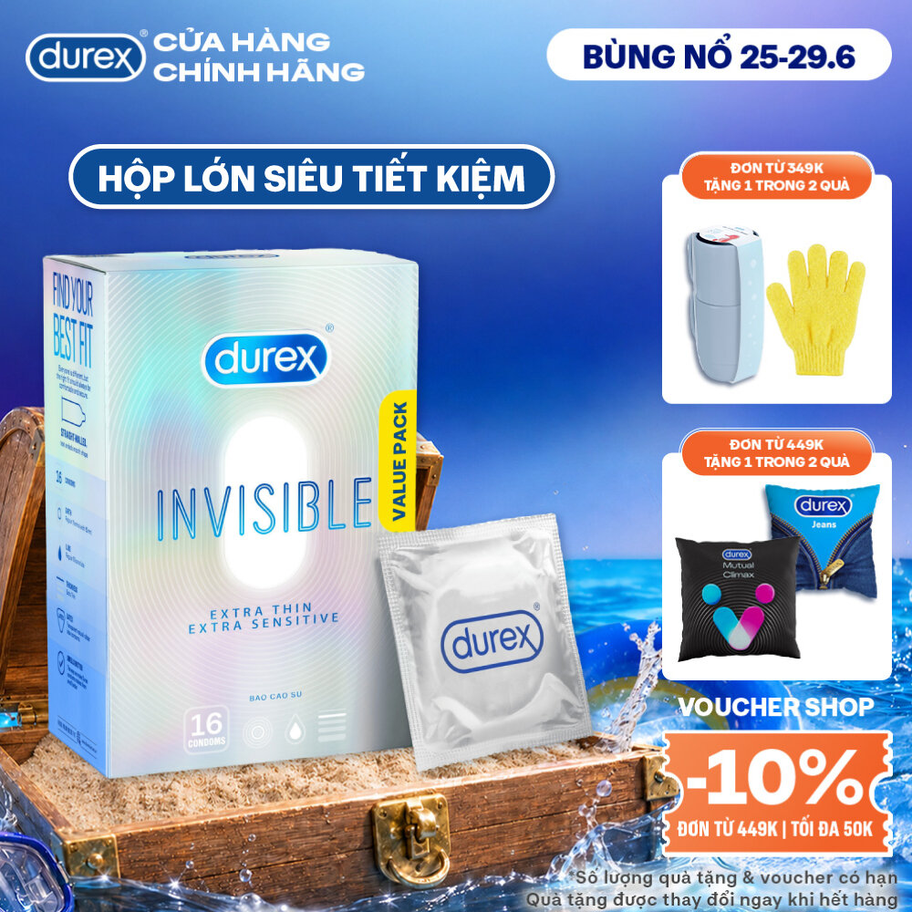 Bao Cao Su Durex Invisible Siêu Mỏng, Size 52 mm, Hộp 16 Bao Mới Ra Mắt - Hộp Lớn Siêu Tiết Kiệm
