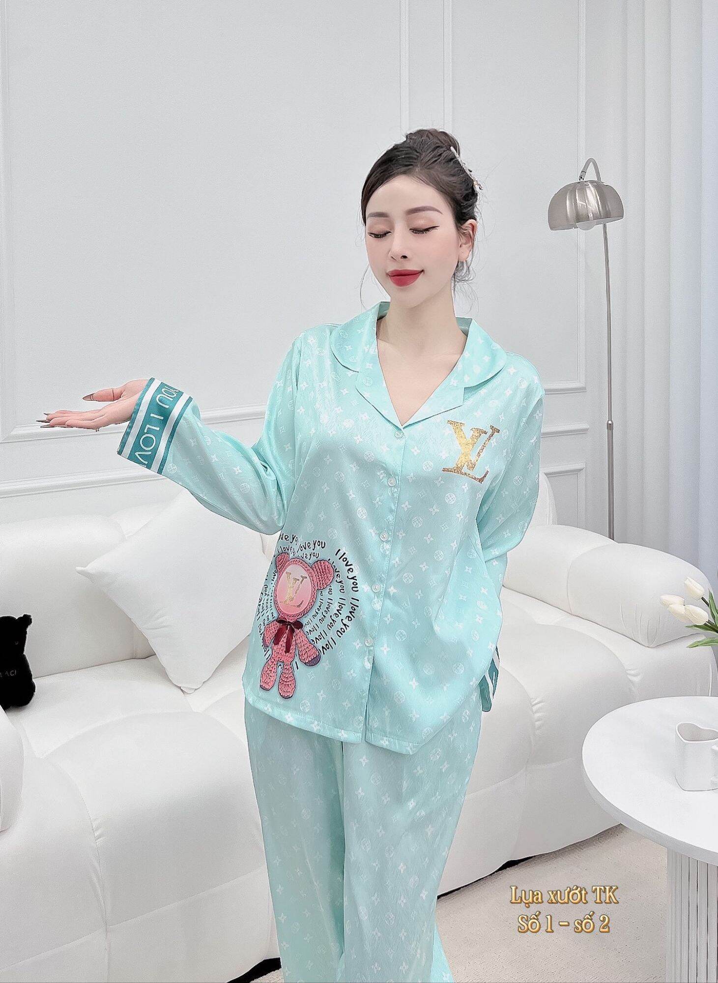 Đồ Bộ PIJAMA-Bộ Lụa Xướt Cao Cấp Tay Dài Nút Đính Đá Hàng Có Size L dưới 58kg