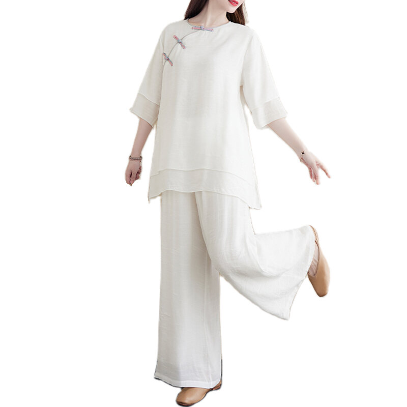 Trang Phục Yoga Cotton Lanh Tiên Khí Trang Phục Thiền Mẫu Mới Mùa Hè Trang Phục Nữ Bộ Hai Chiếc Bộ Khí Chất Trang Phục Cư Sĩ Thiền Trang Phục Trà