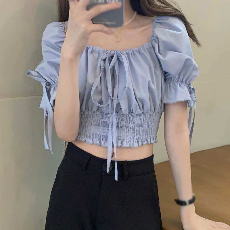 Áo croptop nhún tay bí nơ a55