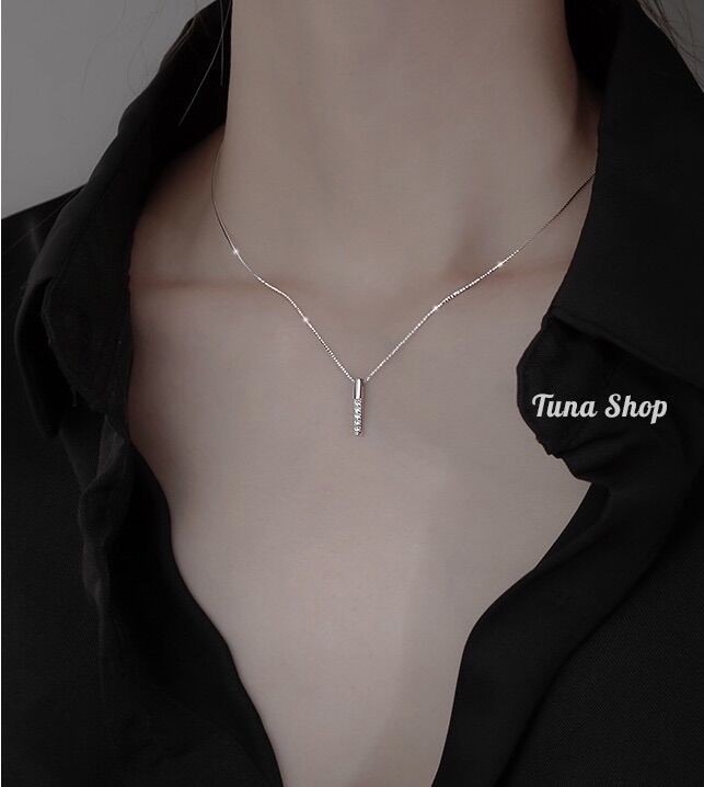Dây chuyền Bạc Tuna Silver, Vòng cổ Bạc nữ thanh gắn đá, dây chuyền bạc nữ đính đá cao cấp_ Cam kết chuẩn bạc _TUNASHOP
