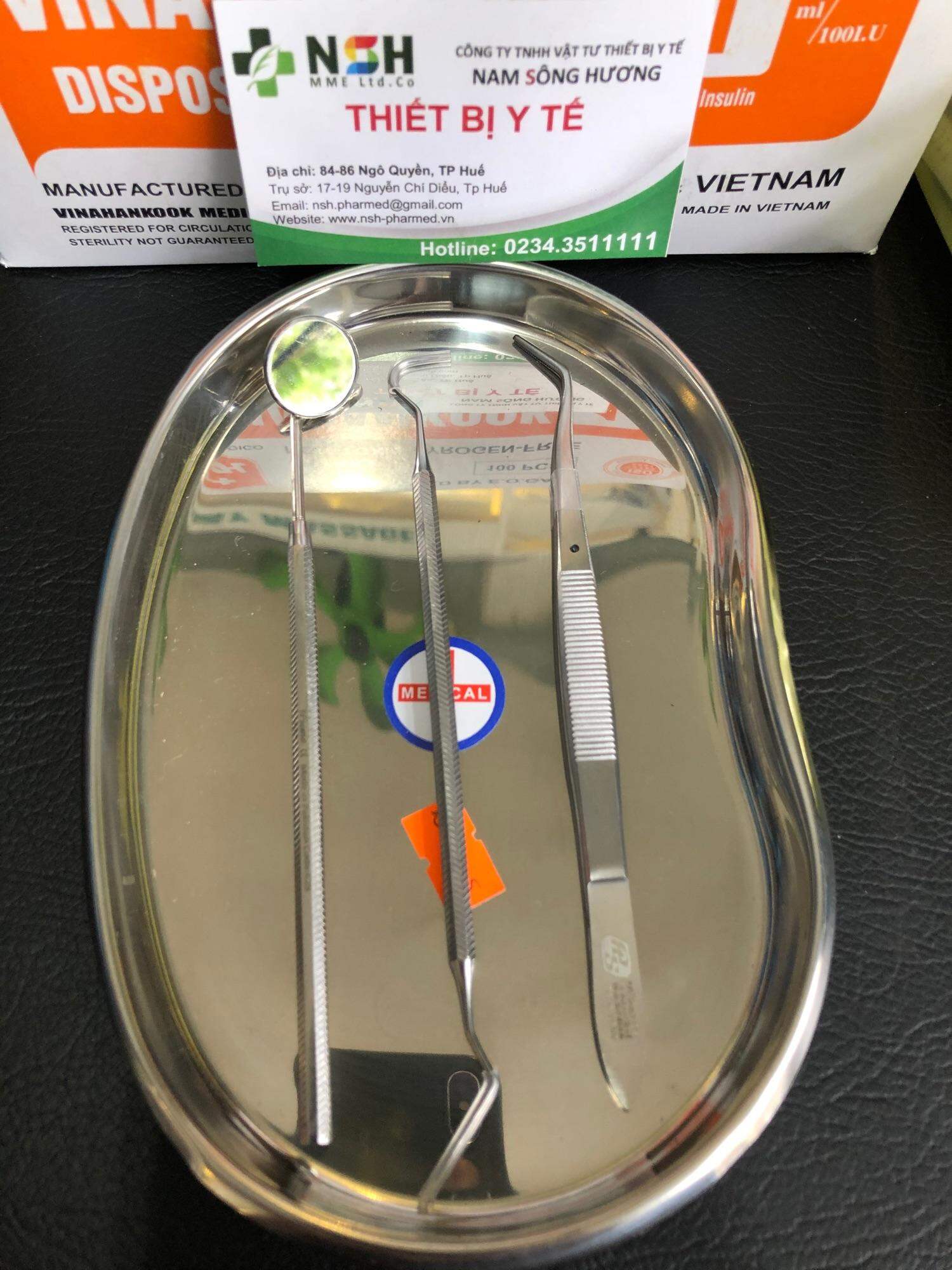 Bộ 3 dụng cụ khay khám nha khoa không gỉ hàng Pakistan gồm gương nha khoa, thám trâm,thám châm nhíp gắp cong 16cm