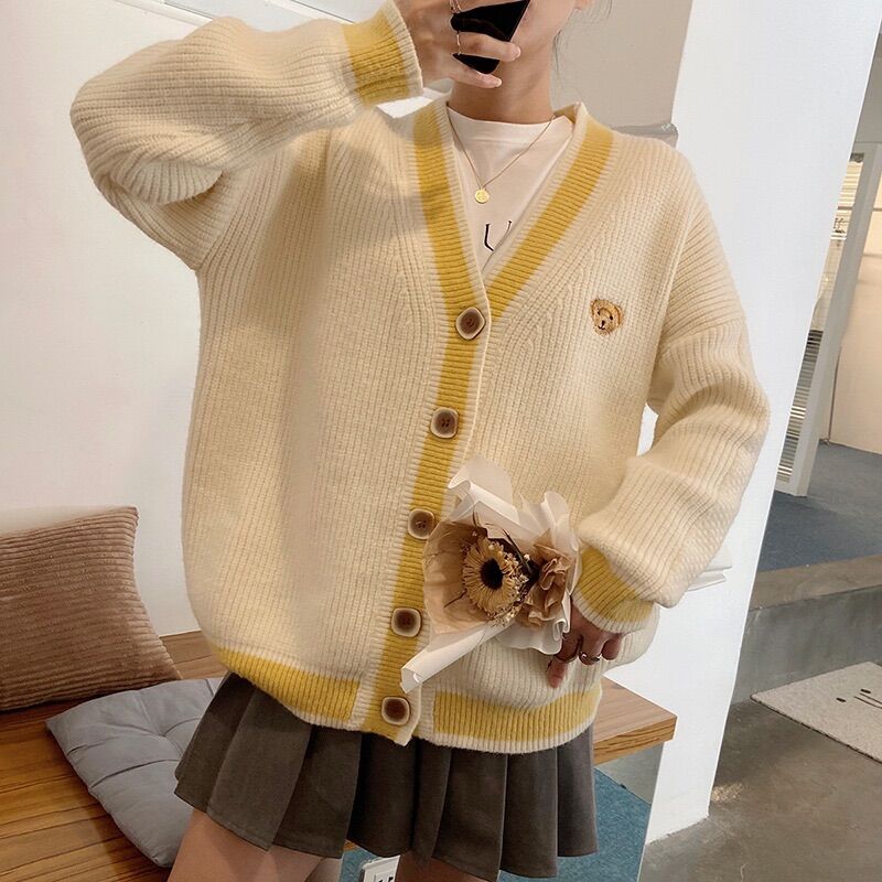 Áo Khoác Cardigan Phối Màu Thêu Siêu Dễ Thương Phong Cách Hàn Quốc