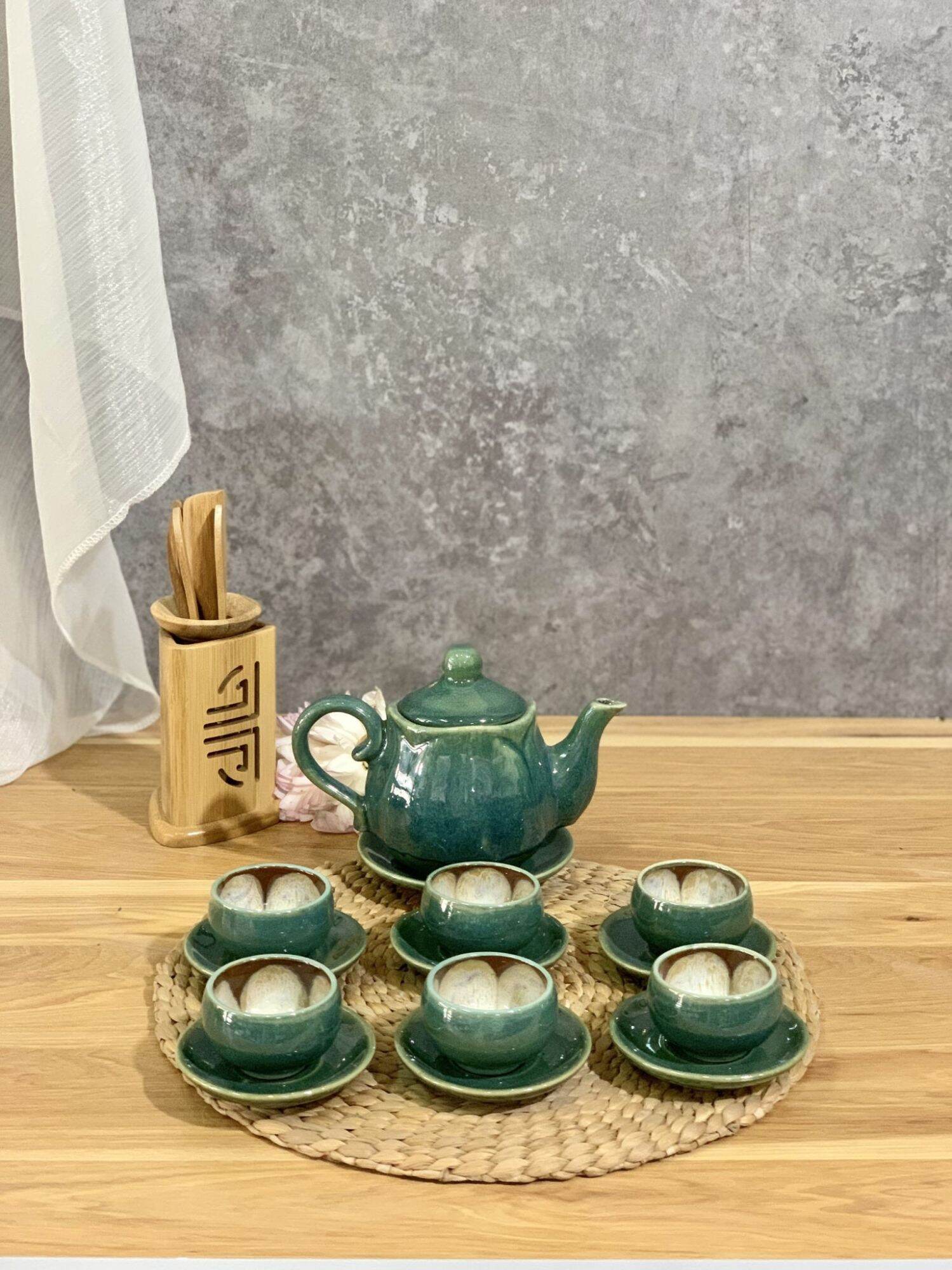 Bộ ấm chén bát tràng men cẩm thạch_ấm trà tách ly nở hoa