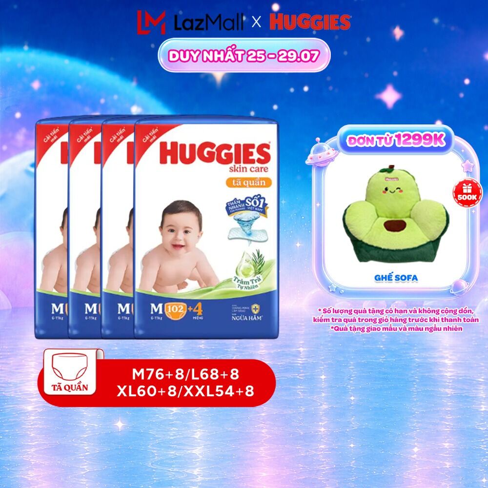 Combo 6 Tã/bỉm quần Huggies Skin Care Mega Jumbo M102/L100/XL84/XXL76 +4 miếng với tràm trà dịu da
