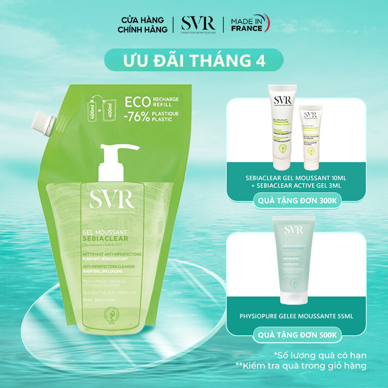Gel rửa mặt không có xà phòng, làm sạch và loại bỏ tế bào da chết SVR SEBIACLEAR Gel Moussant dạng túi 400ml
